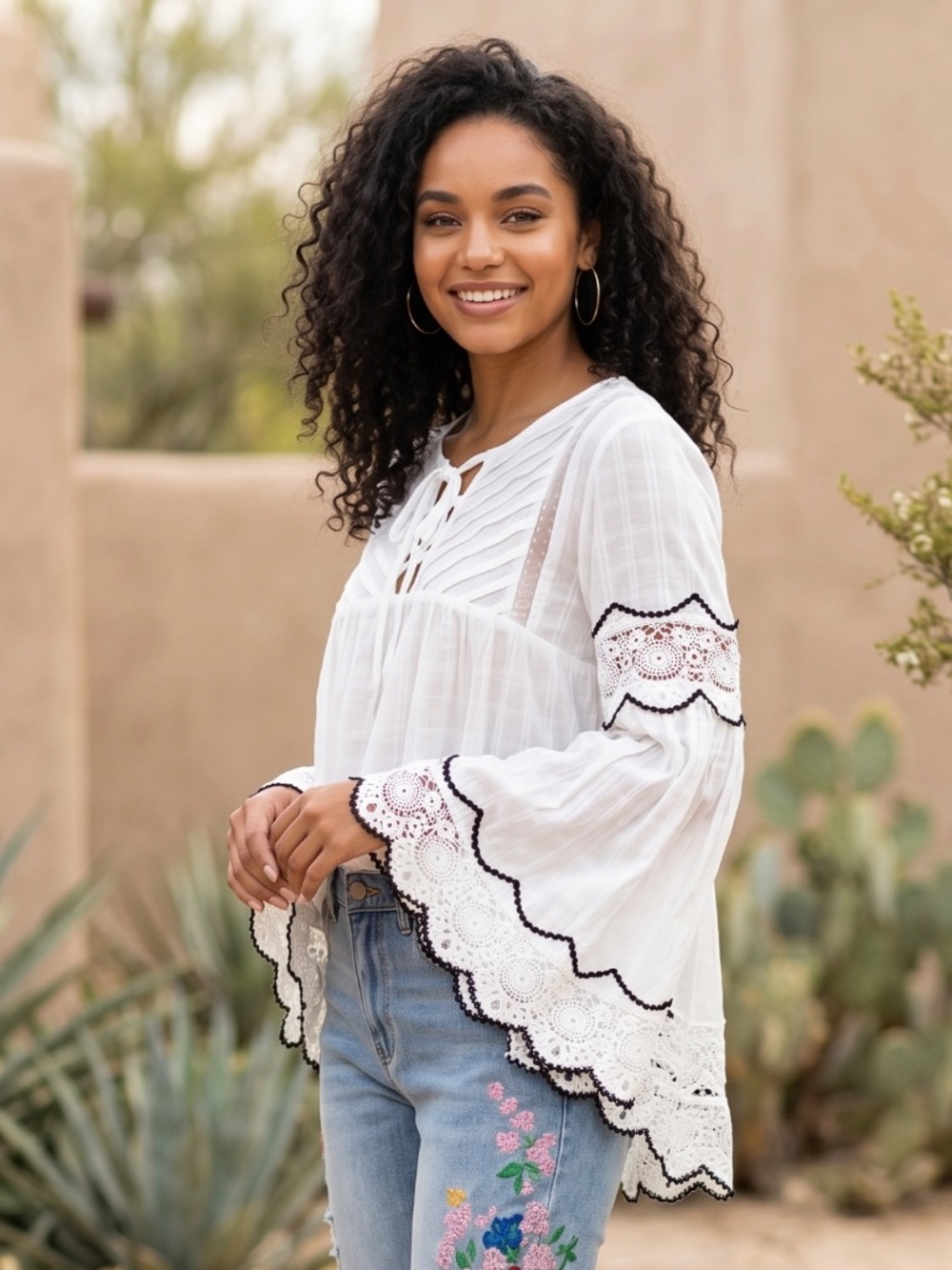 POL White Lace Trim Peasant Top | Long Bell Sleeve Cotton Babydoll - Picture 3 of 6